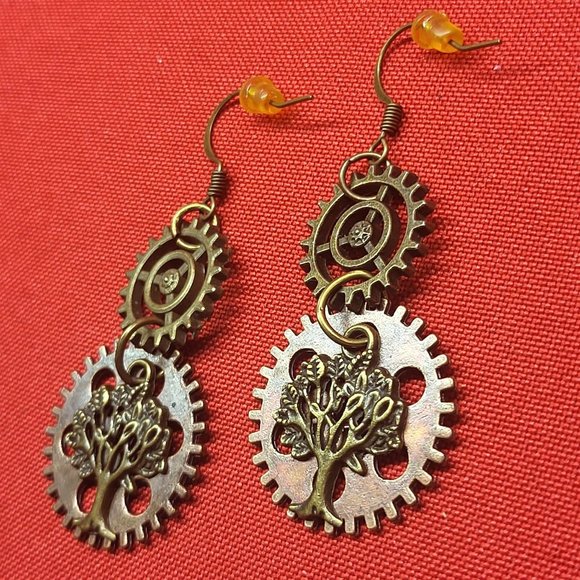 Dangling Gear Earrings Tree of Life Bronze - Picture 5 of 9